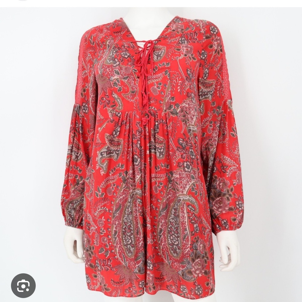 Free People Rain or Shine Printed Dress Poppy Combo Paisley Tunic Boho Flowy